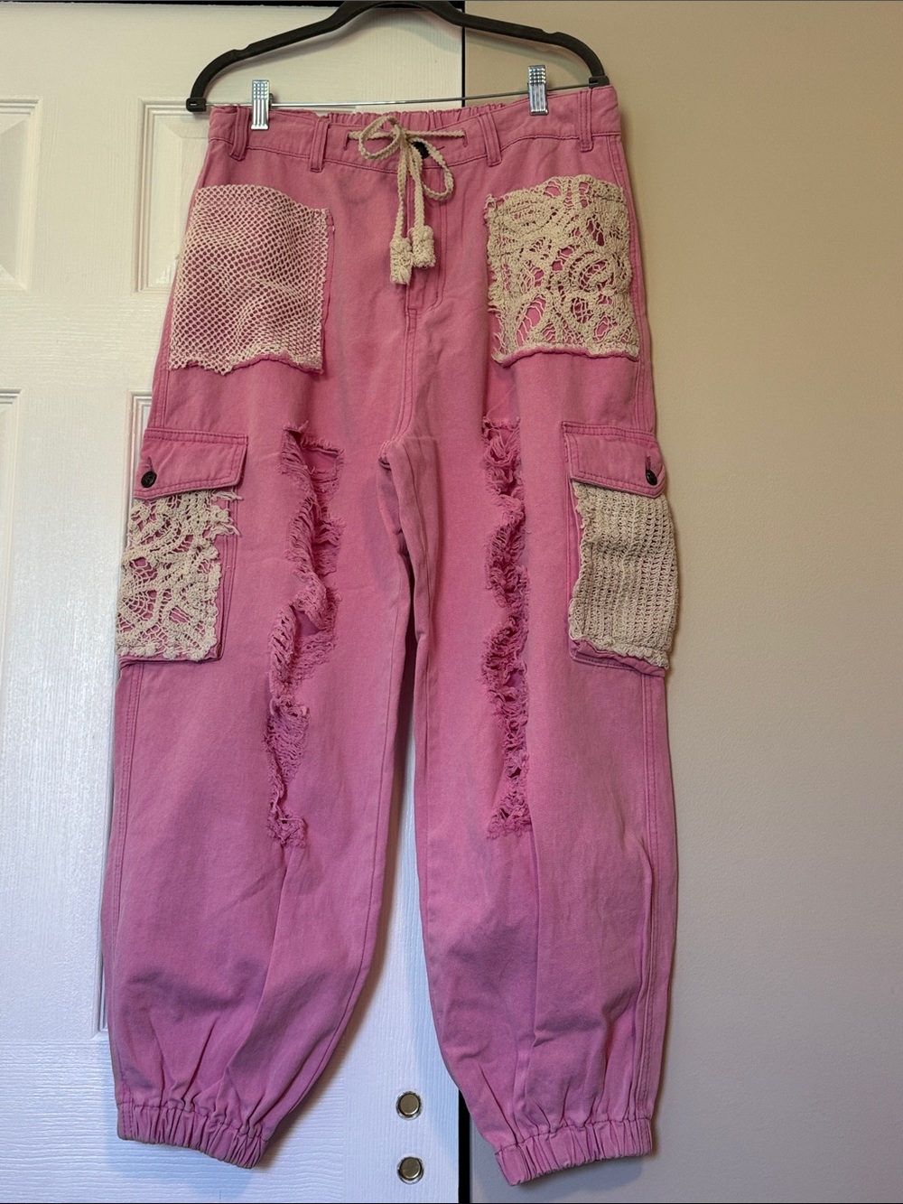 POL Pink Crochet-Trim Cargo Joggers